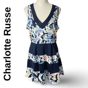 CHARLOTTE RUSSE Floral Dress, Striped Skirt, Sleeveless, V-neck, Size Large